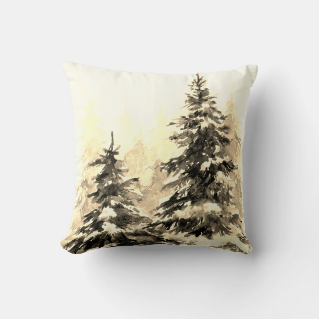 Watercolor winter forest Christmas tree modern ill Cushion (Front)