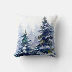 Watercolor winter forest Christmas tree modern ill Cushion