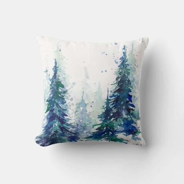 Watercolor winter forest Christmas tree modern ill Cushion (Front)