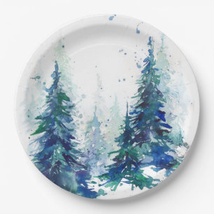 Watercolor winter forest Christmas tree modern ill Paper Plate