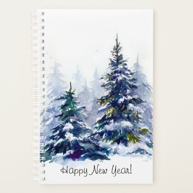 Watercolor winter forest Christmas tree modern ill Planner (Front)