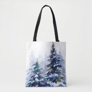 Watercolor winter forest Christmas tree modern ill Tote Bag
