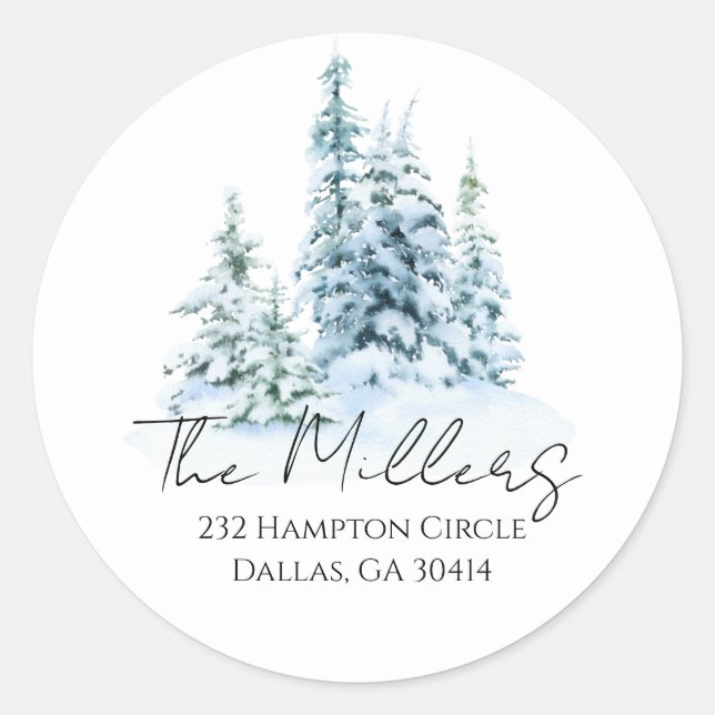 Watercolor Winter Forest Classic Round Sticker (Front)