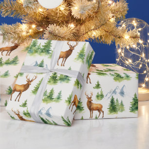 Watercolor Winter Forest - Deer and Snowy Trees - Wrapping Paper
