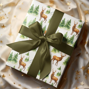 Watercolor Winter Forest - Deer and Snowy Trees -  Wrapping Paper
