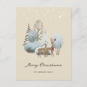 Watercolor Winter Forest Deer Merry Christmas  Holiday Postcard