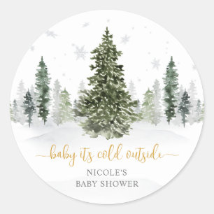 Watercolor Winter Forest Gold Baby Shower Classic Round Sticker