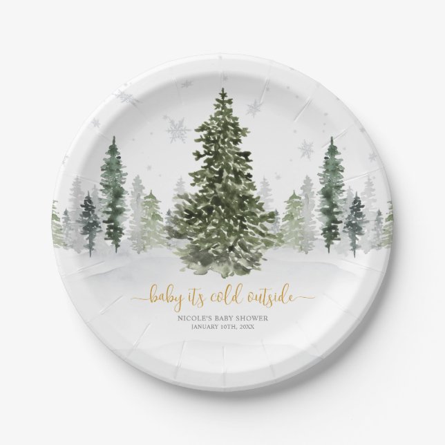 Watercolor Winter Forest Gold Baby Shower Paper Plate (Front)