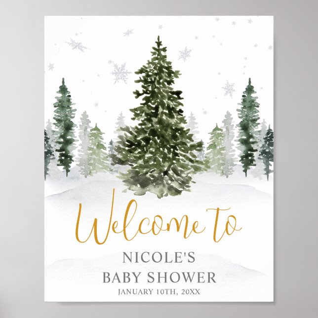 Watercolor Winter Forest Gold Baby Shower Welcome Poster (Front)