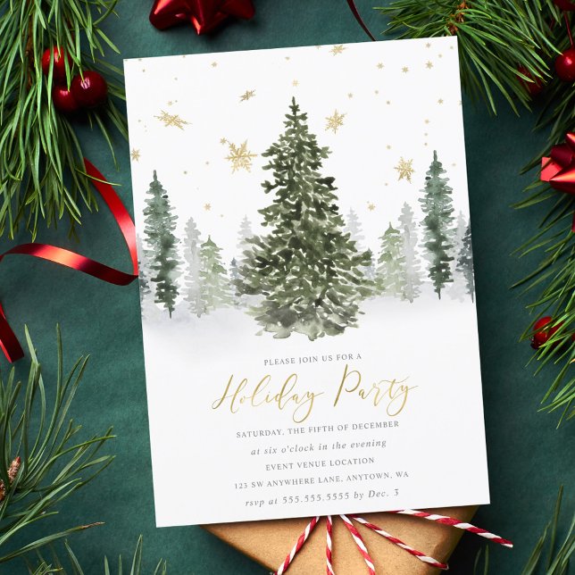 Watercolor Winter Forest Holiday Party Gold Invitation (Creator Uploaded)