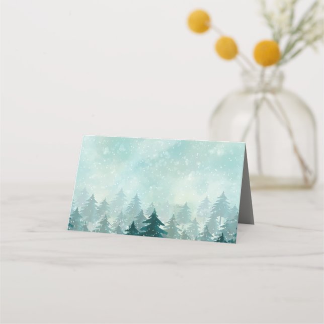 Watercolor Winter Forest  | Holiday Place Card (Back)