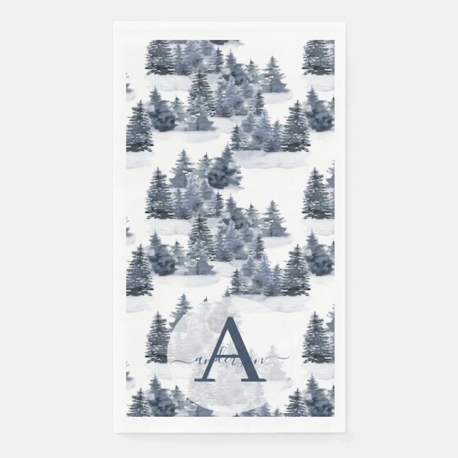Watercolor Winter Forest Monogrammed Christmas Napkin (Front)
