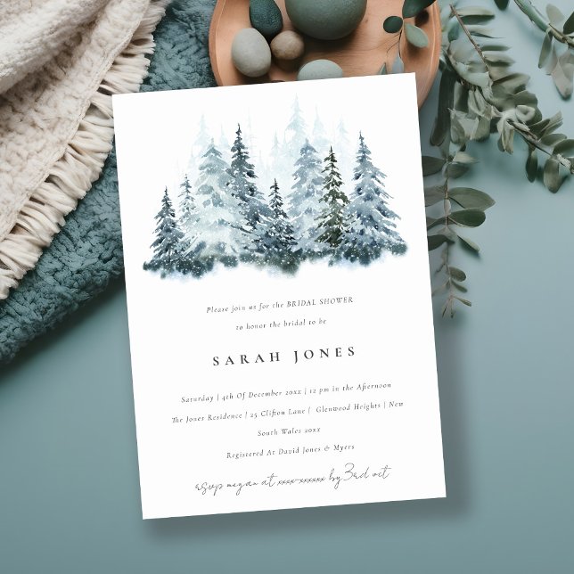 Watercolor Winter Forest Pine Bridal Shower Invitation (Creator Uploaded)