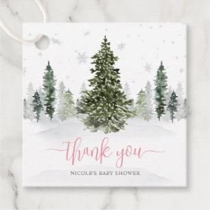 Watercolor Winter Forest Pink Baby Shower Favour Tags