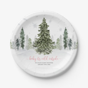 Watercolor Winter Forest Pink Baby Shower Paper Plate