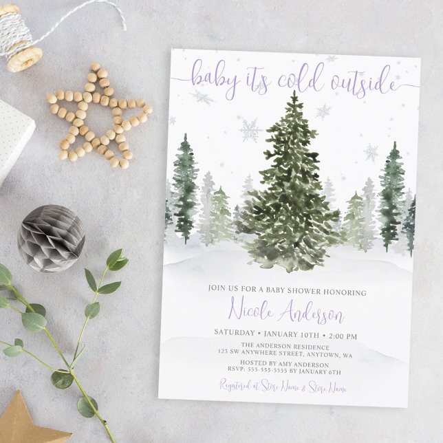 Watercolor Winter Forest Purple Baby Shower Invitation (Creator Uploaded)