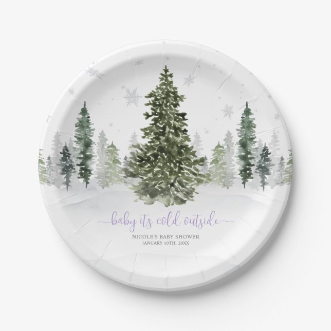 Watercolor Winter Forest Purple Baby Shower Paper Plate (Front)