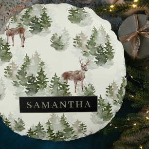 Watercolor Winter Forest Seamless Pattern Round Cushion