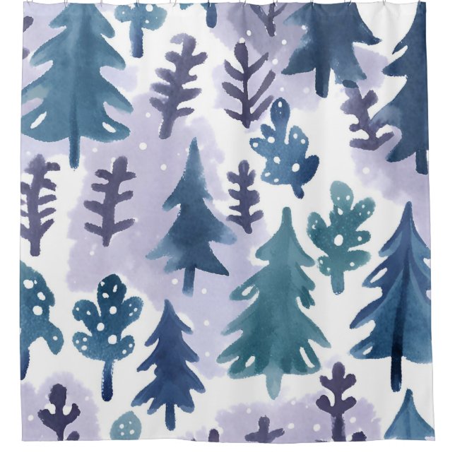 Watercolor Winter Forest Seamless Pattern Shower Curtain (Front)
