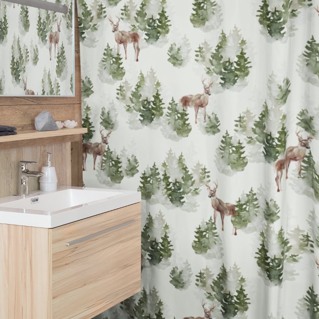Watercolor Winter Forest Seamless Pattern Shower Curtain (Creator Uploaded)