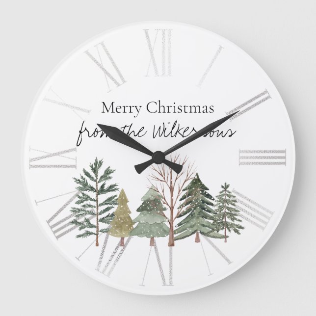 Watercolor Winter Forest Simple Trees Large Clock (Front)