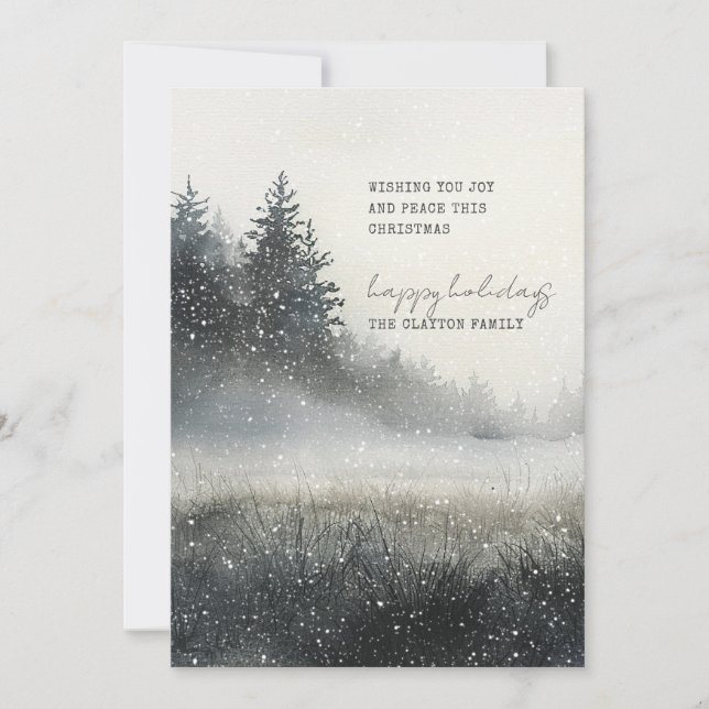 Watercolor Winter Forest Snow Flat Holiday Card (Front)