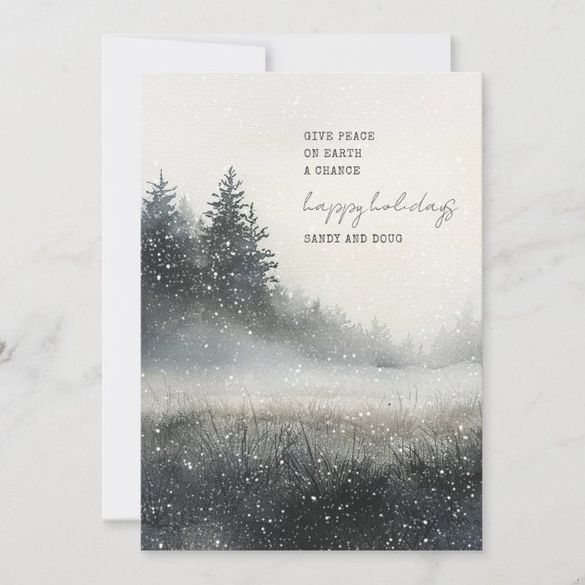 Watercolor Winter Forest Snow Flat Holiday Card (Front)
