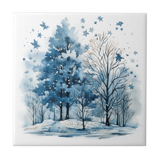 watercolor winter forest Tree Tile (Front)