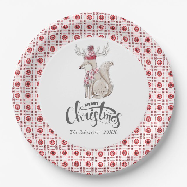 Watercolor Winter Fox Christmas Party Paper Plate (Front)
