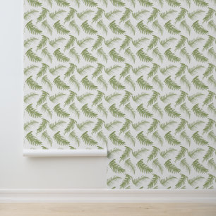 Watercolor winter fronds olive green white wallpaper
