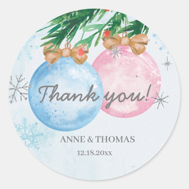 Watercolor Winter Gender Reveal Party Classic Round Sticker (Front)