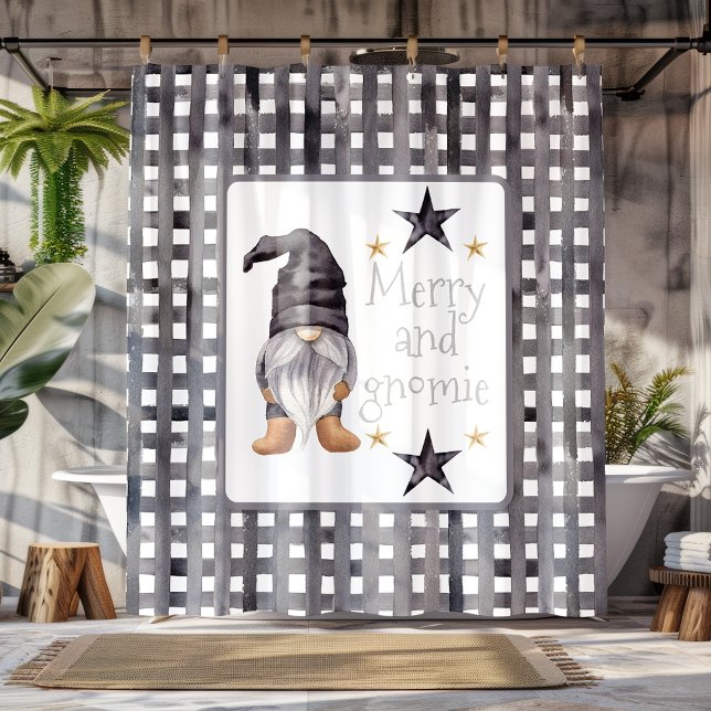 Watercolor Winter Gnome on Buffalo check Christmas Shower Curtain (Watercolor Winter Gnome on Buffalo check Christmas Shower Curtain)