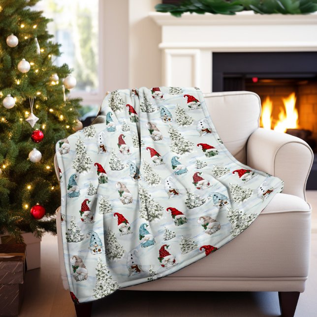 Watercolor Winter Gnomes in Snow Christmas Fleece Blanket (Creator Uploaded)
