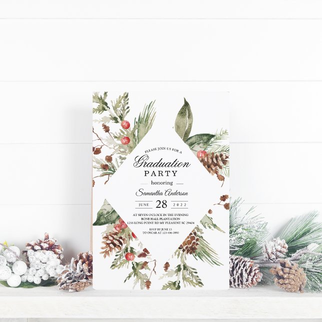 Watercolor Winter Green Pine Tree  & Pine Cone Invitation (Creator Uploaded)