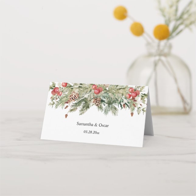 Watercolor Winter Green Pine Tree  & Pine Cone Place Card (Back)