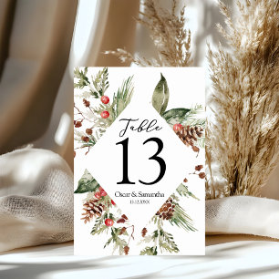 Watercolor Winter Green Pine Tree  & Pine Cone Table Number