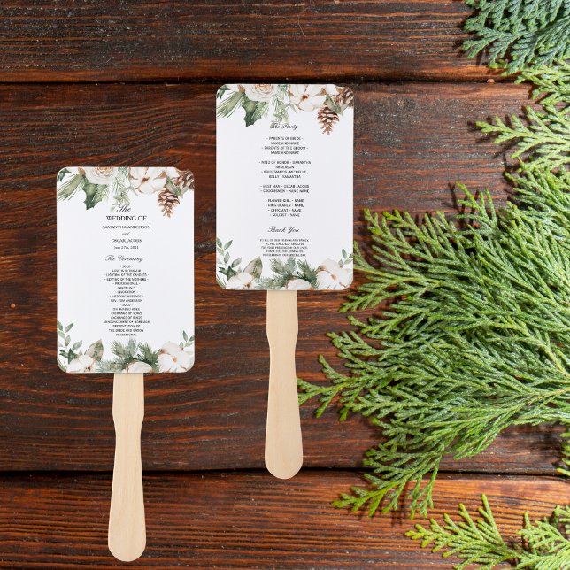 Watercolor Winter Green Pine Tree & White Flowers Hand Fan (Creator Uploaded)