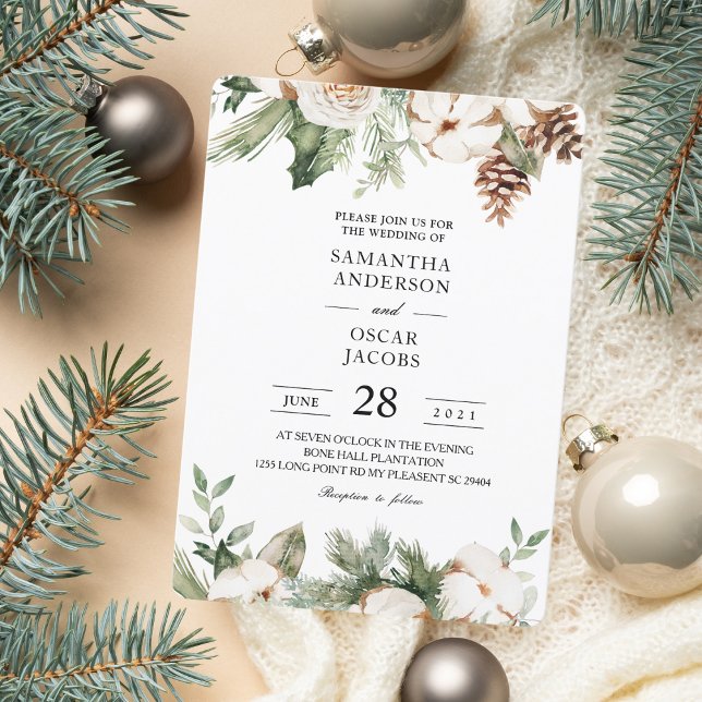 Watercolor Winter Green Pine Tree & White Flowers Invitation (Creator Uploaded)