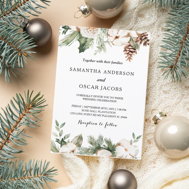 Watercolor Winter Green Pine Tree & White Flowers Invitation (Creator Uploaded)