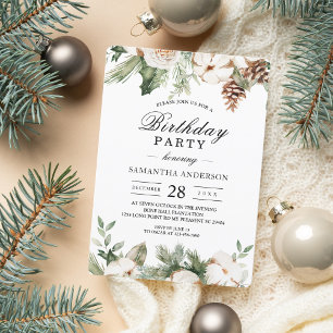 Watercolor Winter Green Pine Tree & White Flowers Invitation