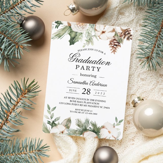 Watercolor Winter Green Pine Tree & White Flowers Invitation (Creator Uploaded)