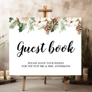 Watercolor Winter Green Pine Tree & White Flowers Poster