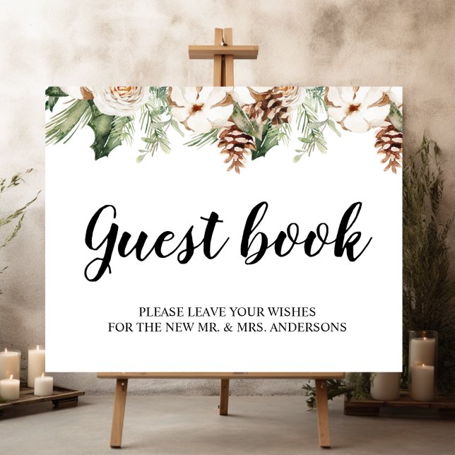 Watercolor Winter Green Pine Tree & White Flowers Poster (Creator Uploaded)