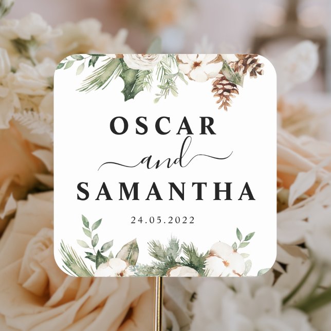 Watercolor Winter Green Pine Tree & White Flowers Square Sticker (Creator Uploaded)