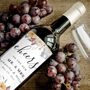 Watercolor Winter Green Pine Tree & White Flowers Wine Label