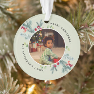 Watercolor Winter Greenery 2 Photos Ornament