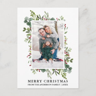 Watercolor Winter Greenery Berries Photo Christmas Postcard