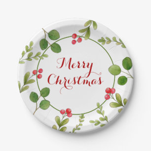 Watercolor winter greenery Christmas Party Paper Plate