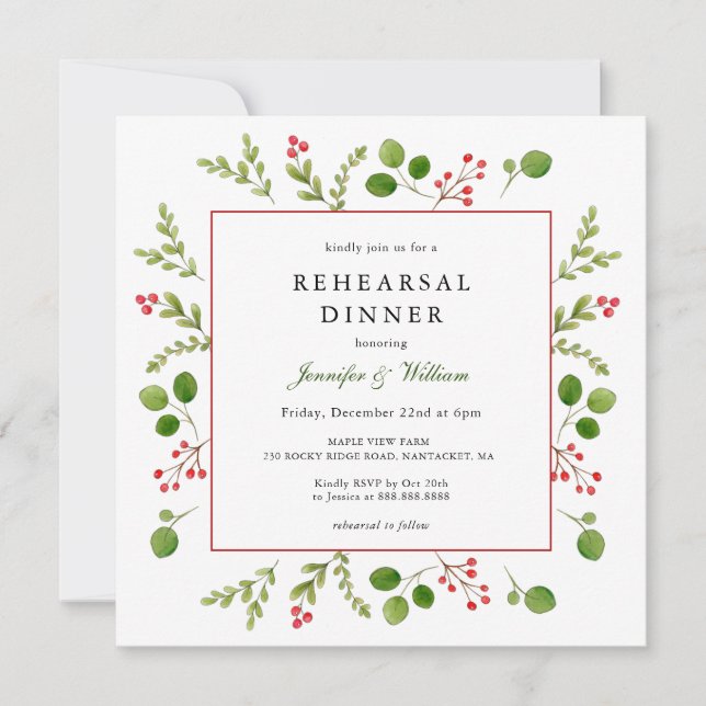 Watercolor Winter greenery Frame Rehearsal Dinner Invitation (Front)
