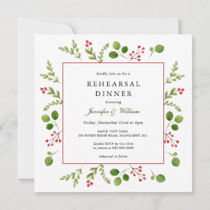 Watercolor Winter greenery Frame Rehearsal Dinner Invitation